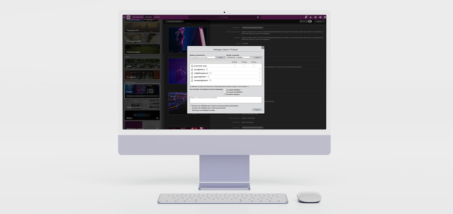 IMAC montrant l'interface d'Ephoto Dam, onglet Administration