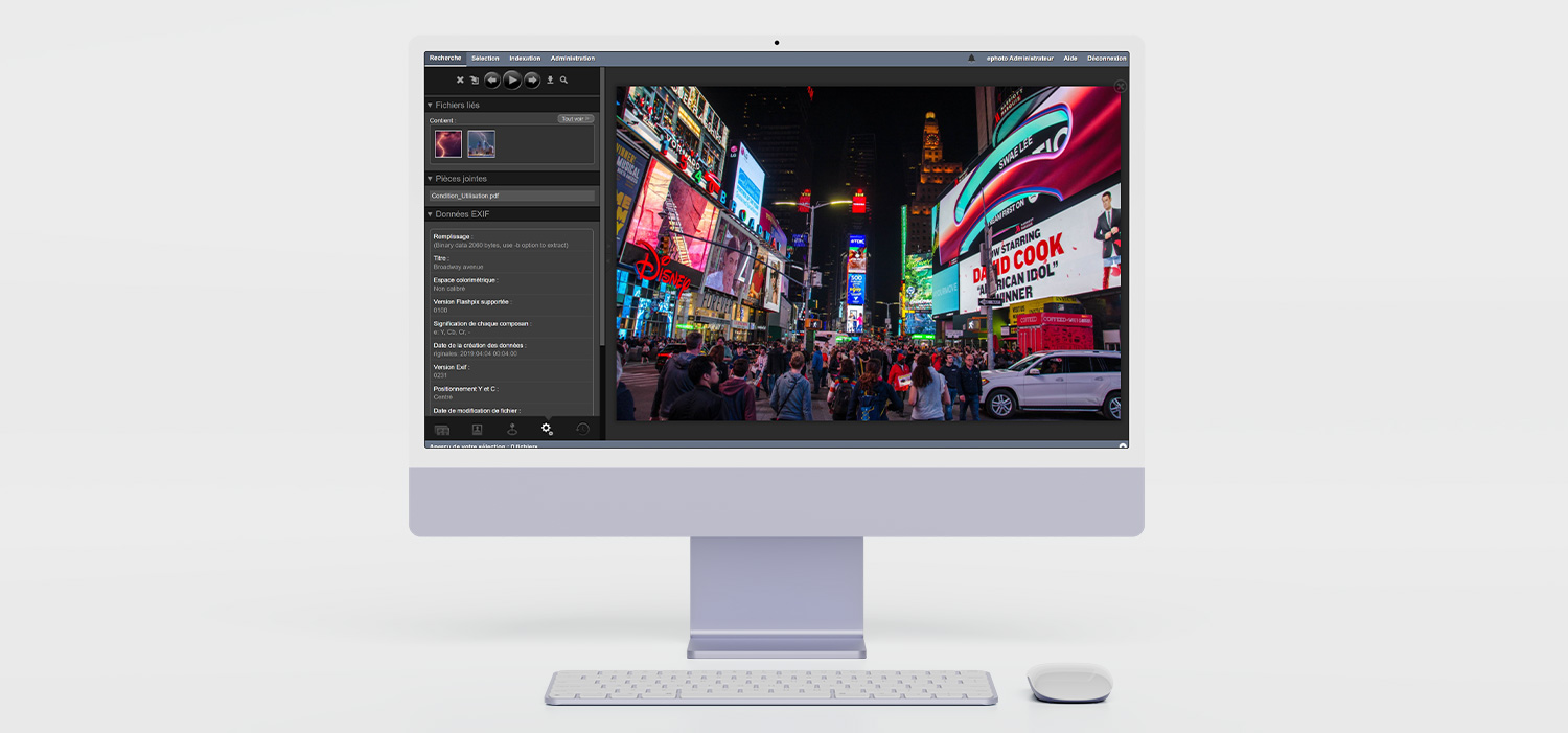 Ordinateur IMAC blanc montrant une capture d'écran de l'interface de la version 3.13 d'Ephoto Dam.