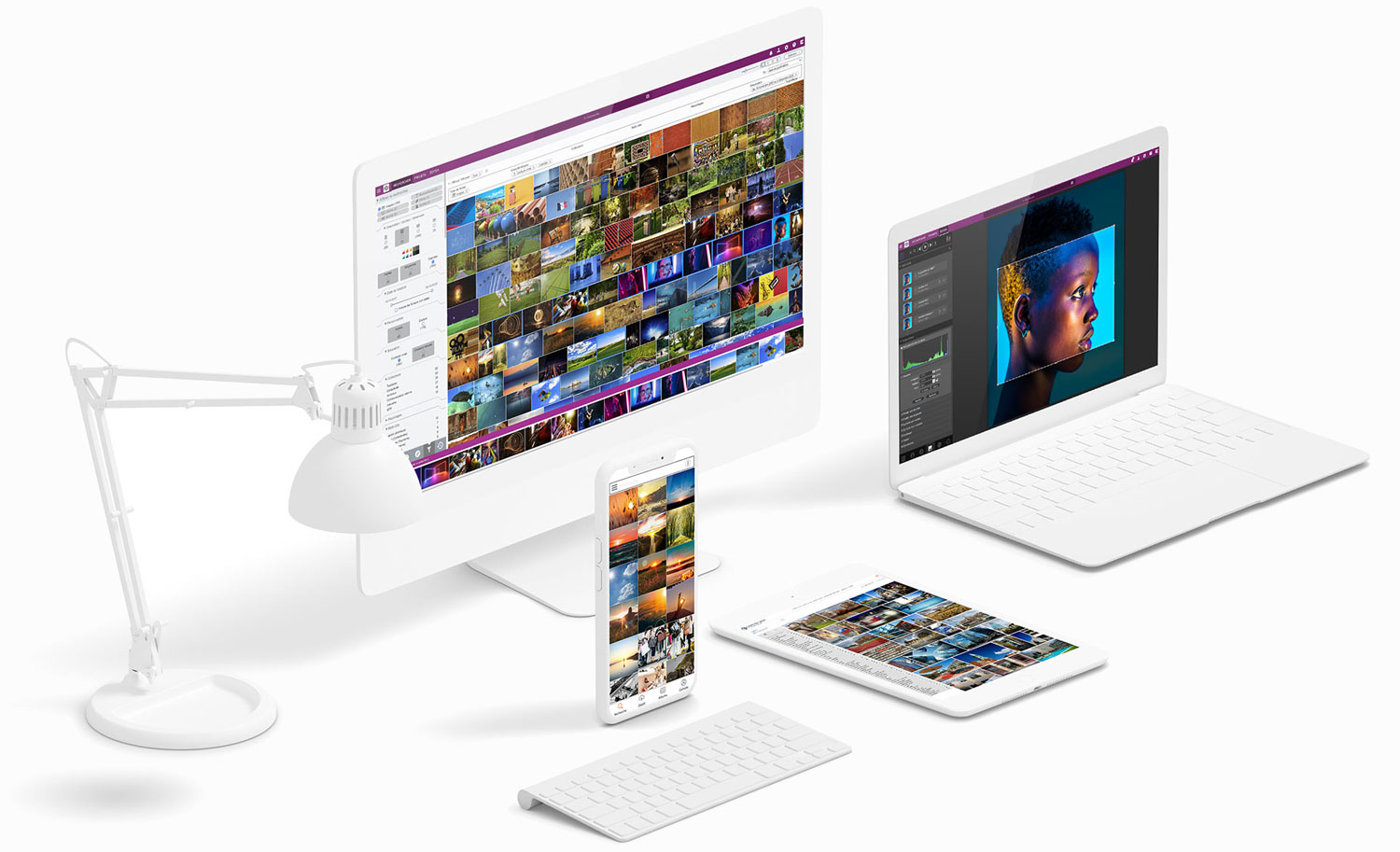 iMac, iPad, iPhone et MacBook avec l'interface du logiciel Ephoto Dam. Thème sombre et thème clair