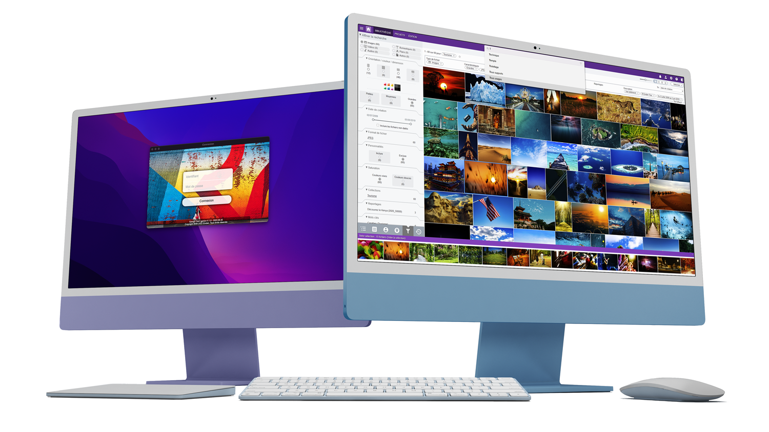 2 iMacs présentant l'application hotfolder Mac et la solution Ephoto Dam