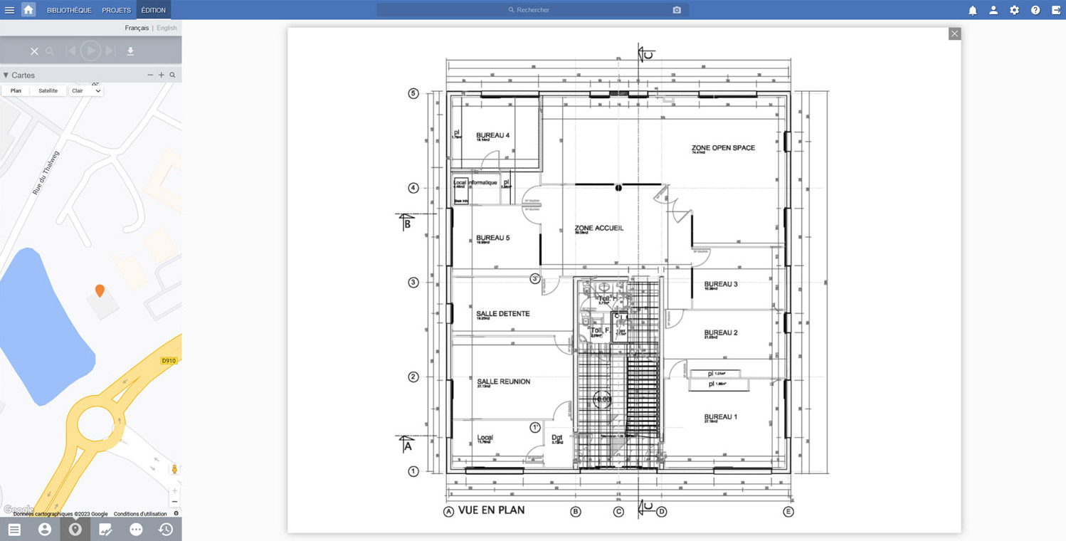 Capture d'écran du logiciel Ephoto Dam affichant un plan AutoCAD