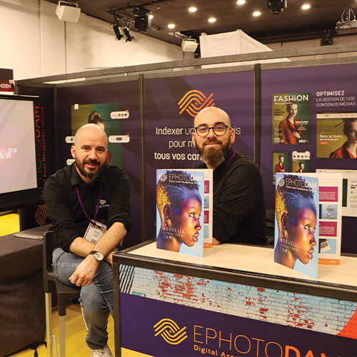 Arnaud Bour, dirigeant d'Einden et Martin Malapert, Chef de Projet à Einden sur le stand d'Ephoto Dam au salon All For Content 2023
