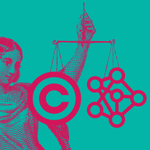 Illustration de Thémis, symbole de la justice, portant à bout de bras une balance équilibrant le droits d'auteurs et l'IA Générique