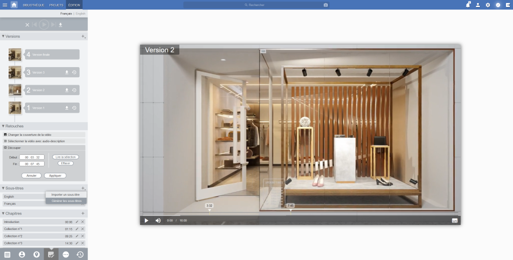 Capture d'écran de l'interface d'Ephoto Dam qui présente le versionning, le chapitrage des vidéos