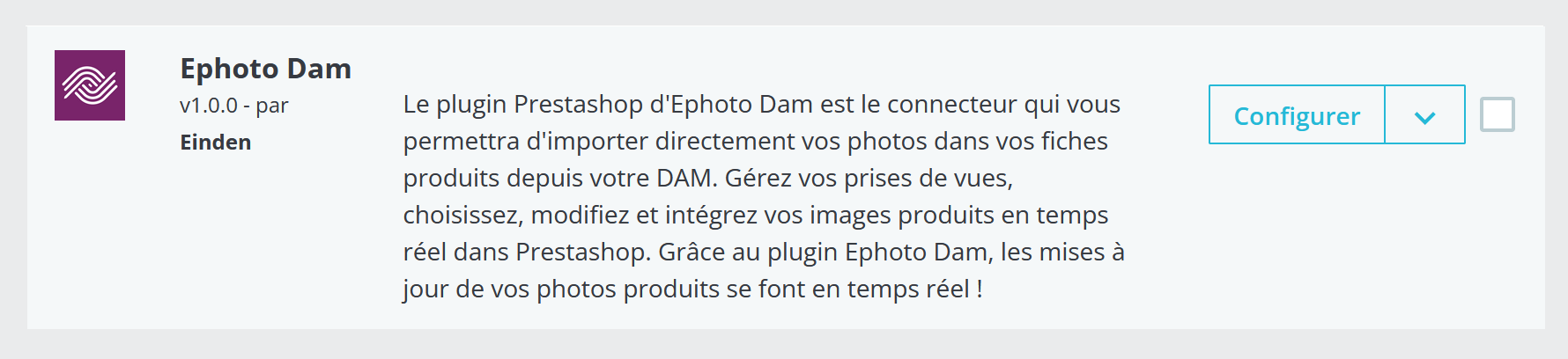 Capture d'écran de Prestashop à l'installation du plugin Ephoto Dam