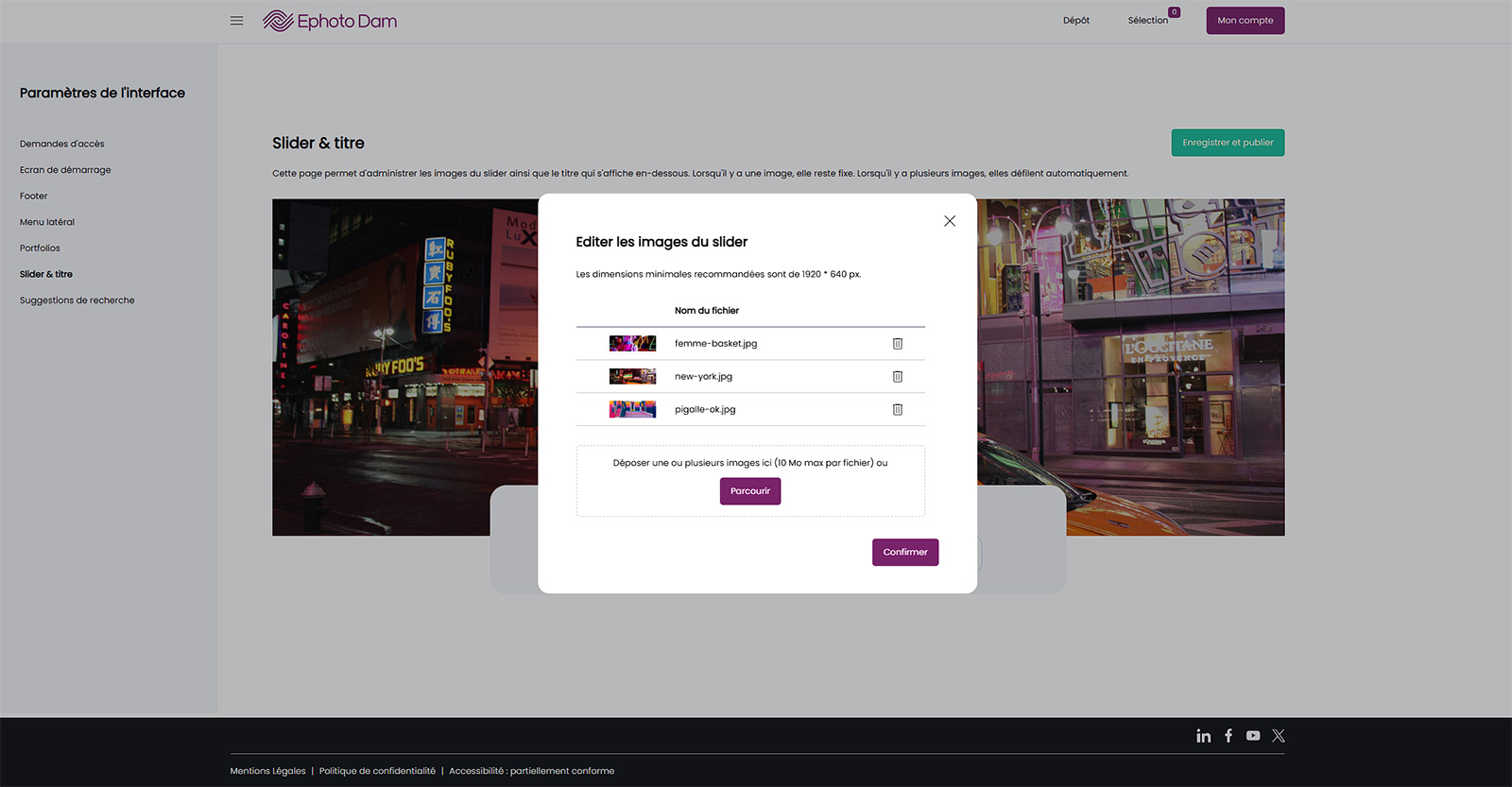 Interface du Front Office d'Ephoto Dam qui montre comment personnaliser le produit