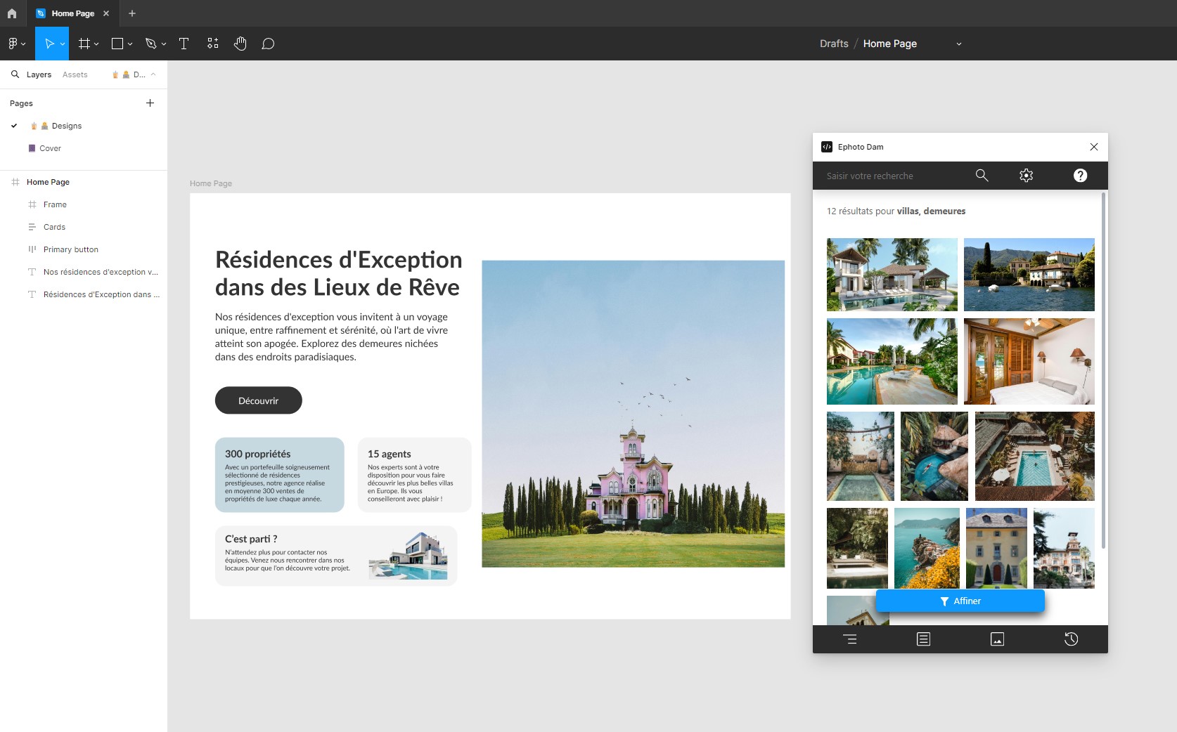 Interface de l'outil Figma qui montre un visuel et le plugin Ephoto Dam