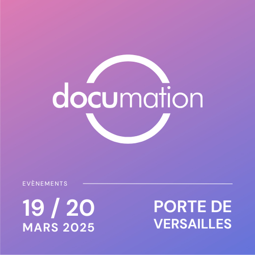 Fond avec un dégradé violet présentant le logo du salon Documation , les dates et le lieu de l'événement