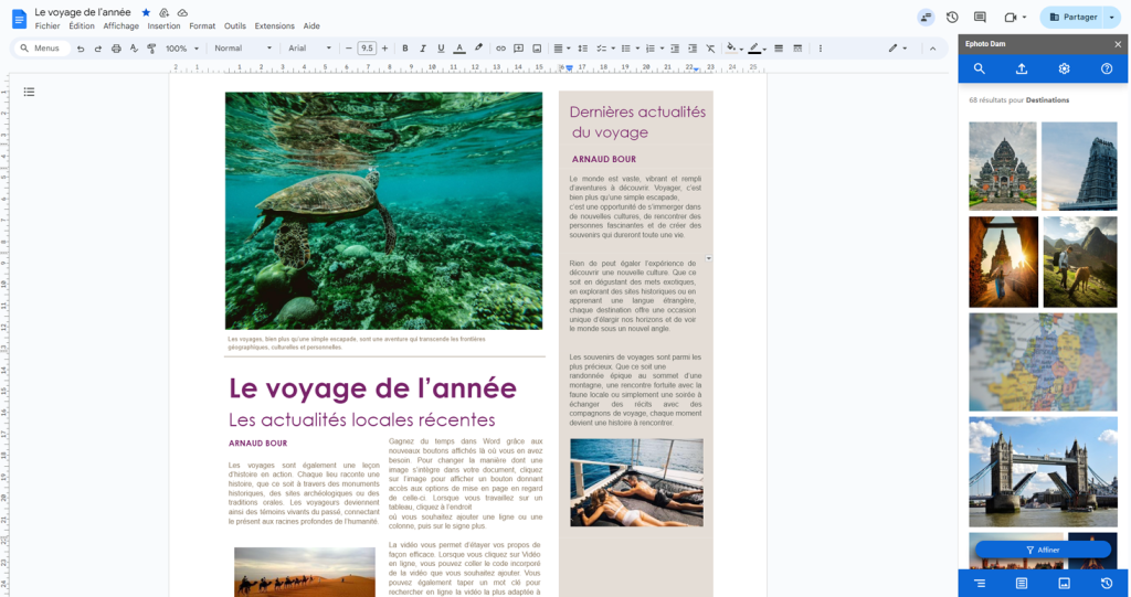 Document Googles docs présentant un texte avec des images, avec le plugin Ephoto Dam sur la droite pour faire une recherche, où nous voyons plusieurs images