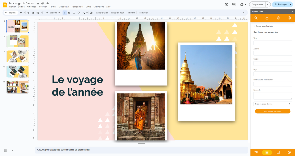 Document Google Slides qui présente un diaporama, avec le plugin Ephoto Dam sur la droite pour faire une recherche avancée