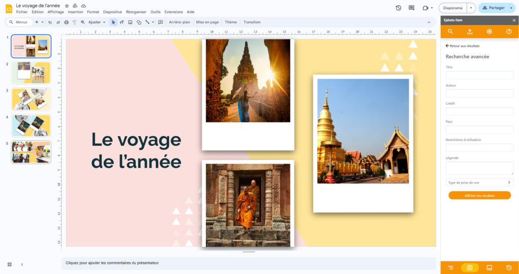 Document Google Slides qui présente un diaporama, avec le plugin Ephoto Dam sur la droite pour faire une recherche avancée