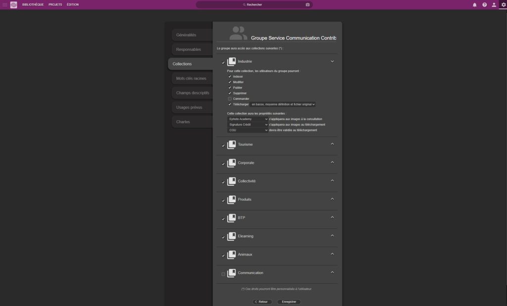 Interface du logiciel Ephoto Dam montrant la gestion des droits
