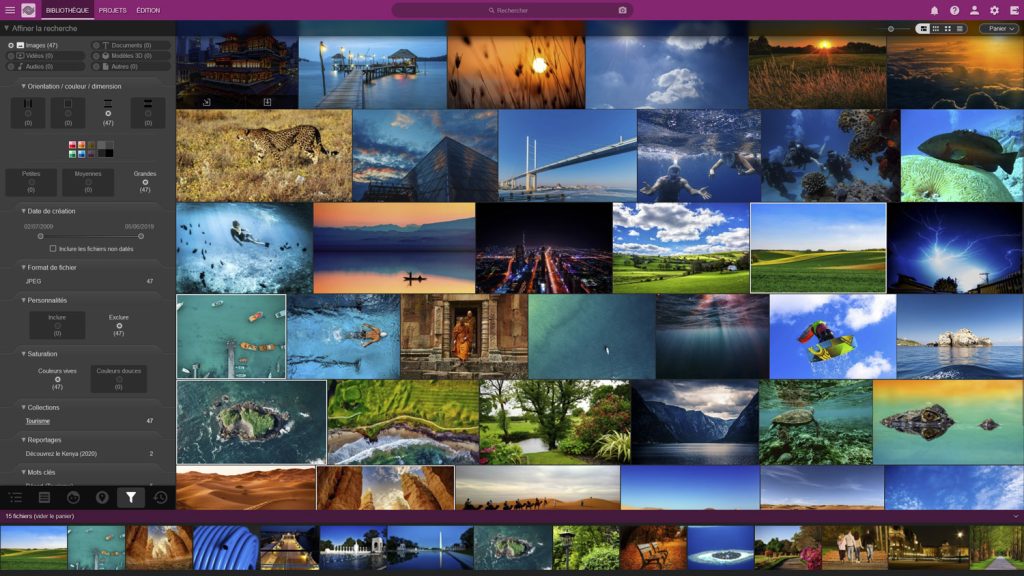 Interface du logiciel Ephoto Dam montrant la recherche avancée pour trouver des médias