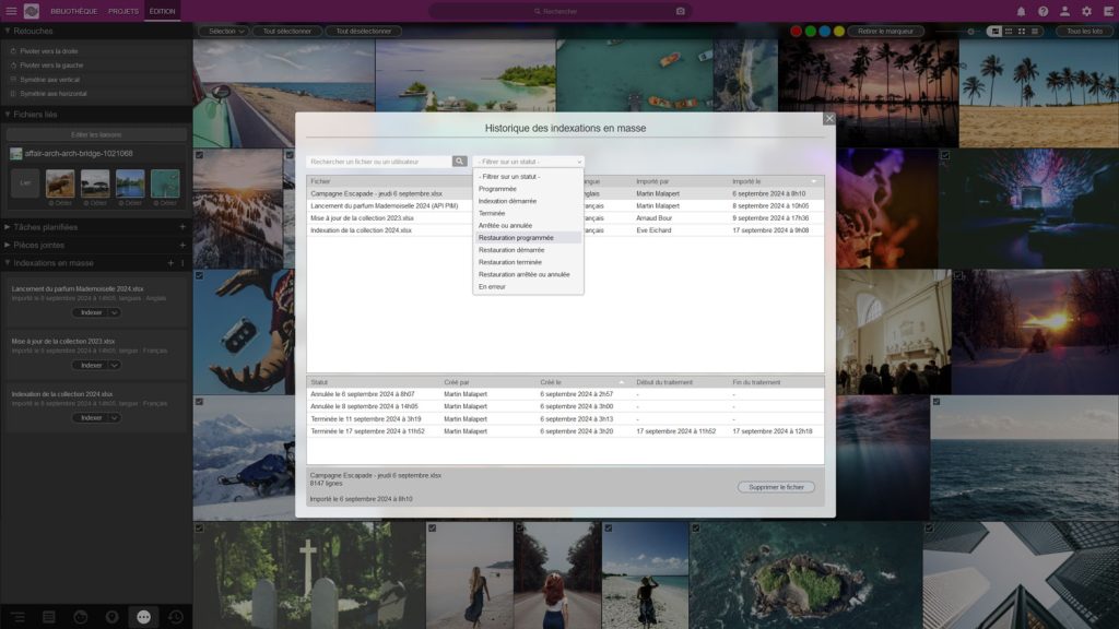 Interface du logiciel Ephoto Dam montrant la fonctionnalité Indexation en masse