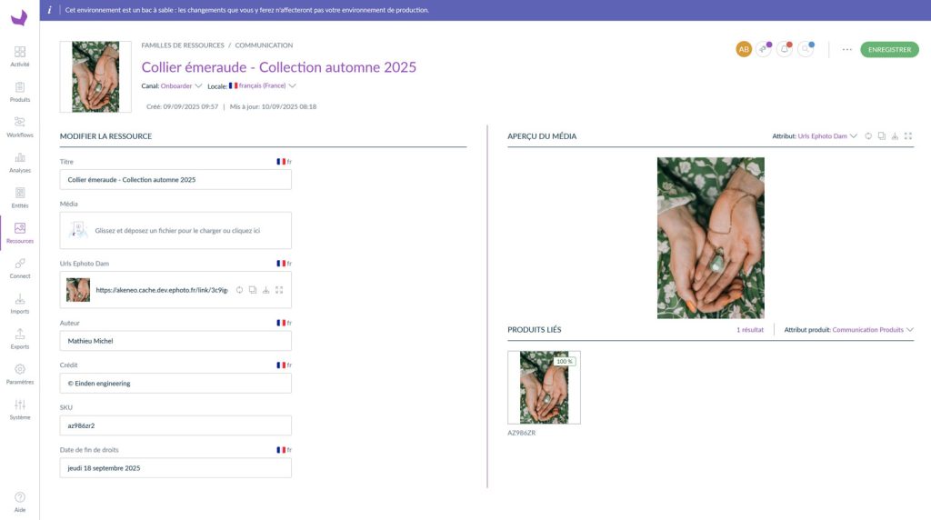 Interface de l'outil Akeneo présentant le plugin Ephoto Dam qui montre l'aperçu d'un média avec la description technique du produit