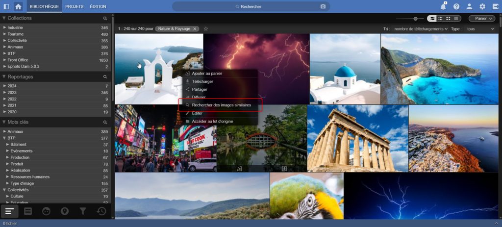 Interface de la solution DAM Ephoto Dam affichant des images de paysages et monuments, avec un menu contextuel ouvert sur l’option Rechercher des images similaires