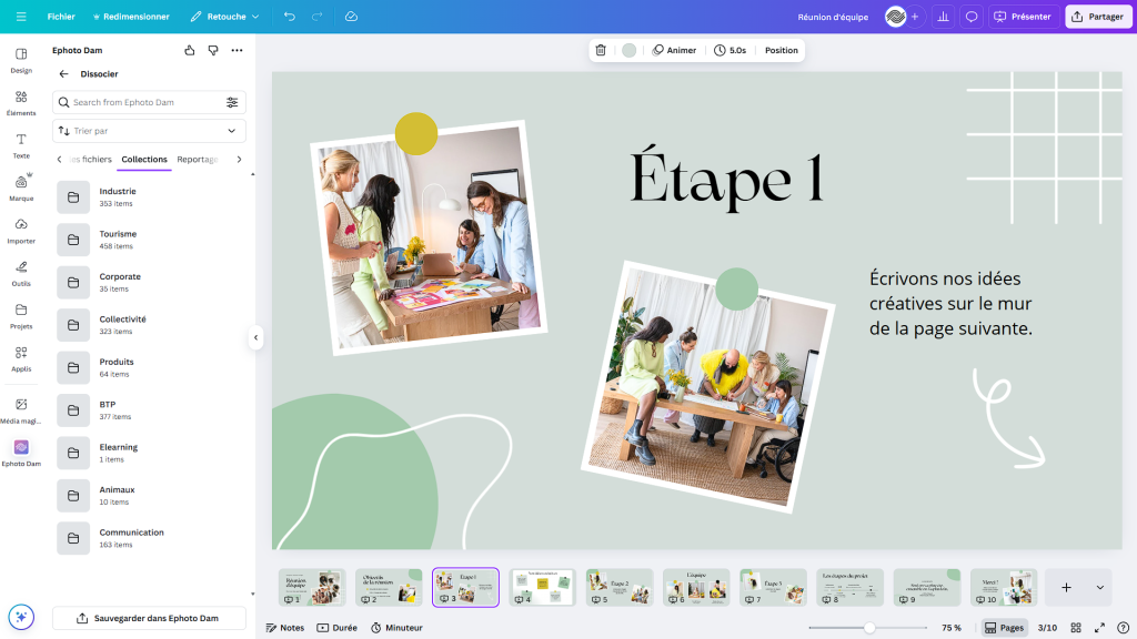 Interface de Canva affichant l’extension Ephoto Dam à gauche avec des collections d’images, et une diapositive intitulée Étape 1 montrant une équipe en réunion créative