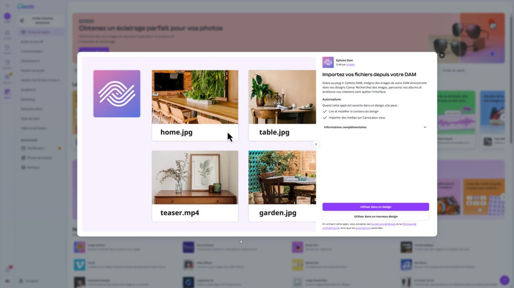 Fenêtre d’importation de l’extension Ephoto Dam dans Canva, affichant plusieurs fichiers média comme home.jpg, table.jpg, teaser.mp4 et garden.jpg, avec le logo Ephoto Dam et la description de l’intégration