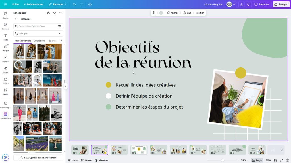 Interface de Canva affichant une présentation intitulée Objectifs de la réunion, intégrant la bibliothèque d’images d’Ephoto Dam à gauche et une diapositive listant trois objectifs de projet