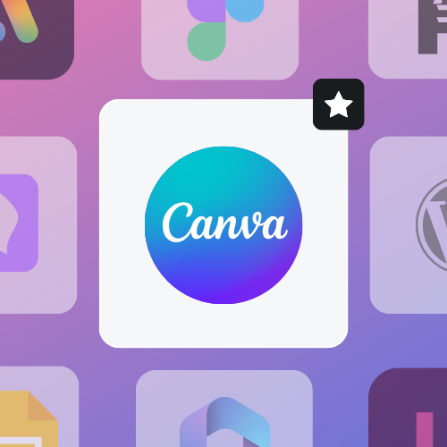 Logo de Canva sur fond dégradé violet et bleu, entouré des icônes d'autres applications comme Figma et WordPress