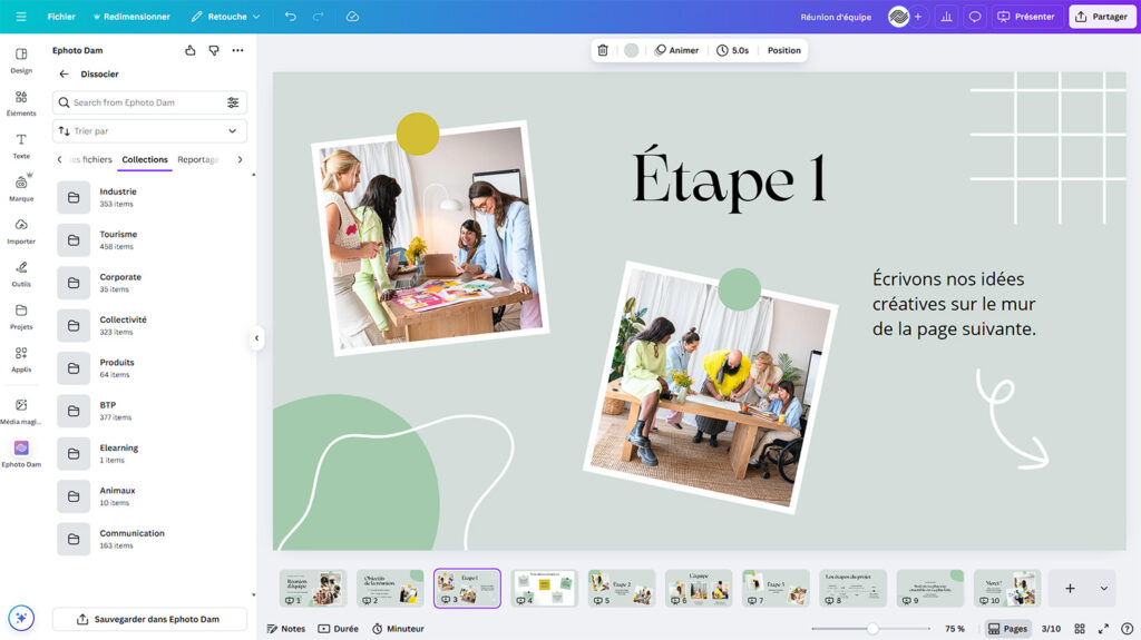 Interface de Canva affichant l’extension Ephoto Dam à gauche avec des collections d’images, et une diapositive intitulée Étape 1 montrant une équipe en réunion créative