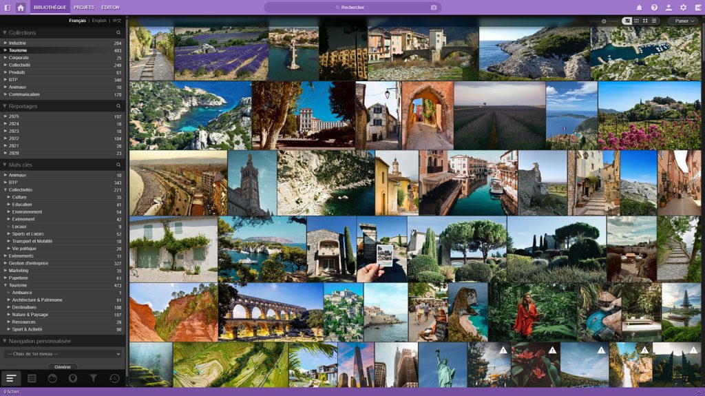 Capture d'écran de l'interface du logiciel de Digital Asset Management Ephoto Dam présentant une vue galerie