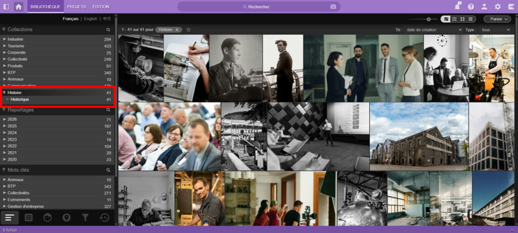 Interface du logiciel Ephoto Dam montrant une collection