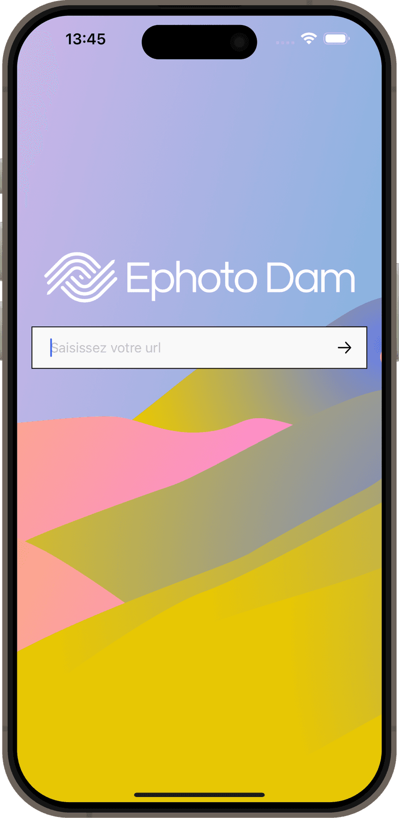Écran de connexion de l'application mobile Ephoto Dam.