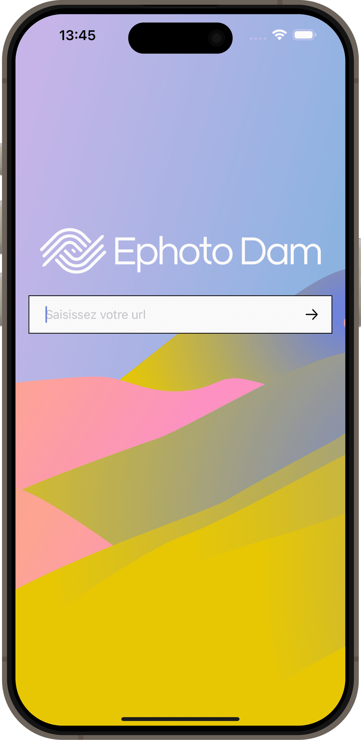Écran de connexion de l'application mobile Ephoto Dam.