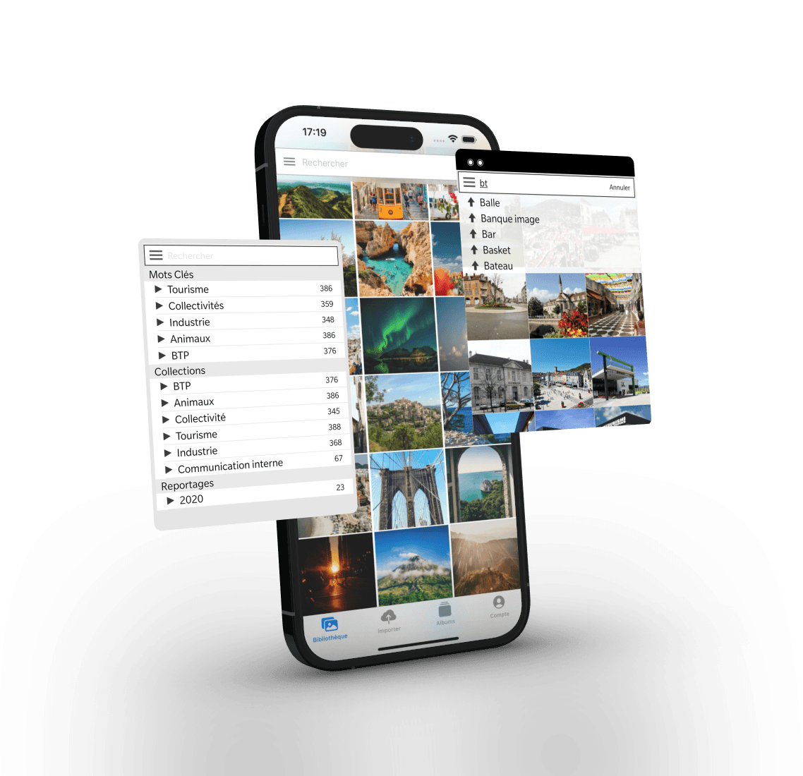 Application mobile Ephoto Dam affichant la grille de médias, la recherche et l'arbre de mots-clés pour une gestion avancée des actifs numériques