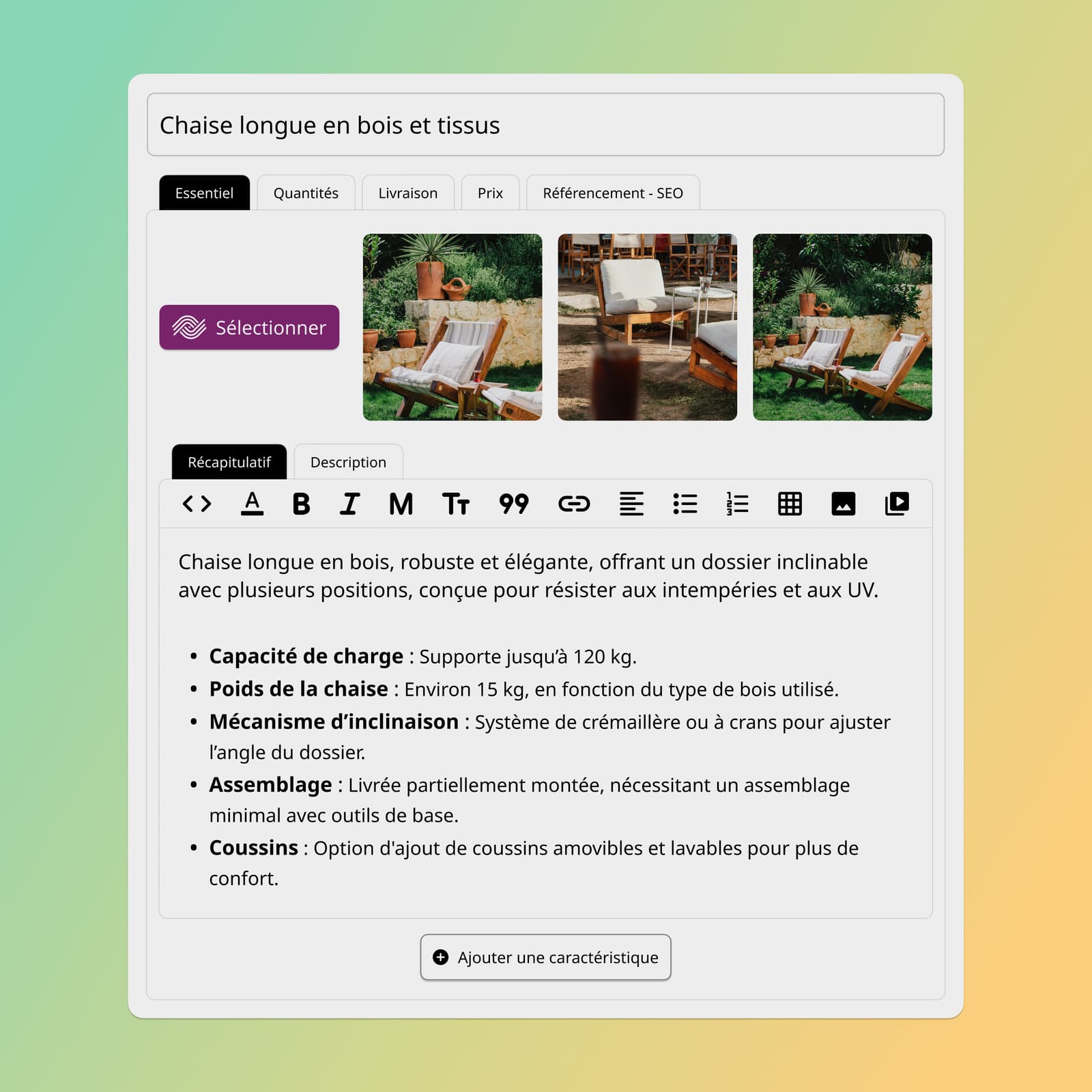 Interface de Prestashop avec le plugin Ephoto Dam pour la gestion des médias et l'intégration d'images dans les fiches produits.