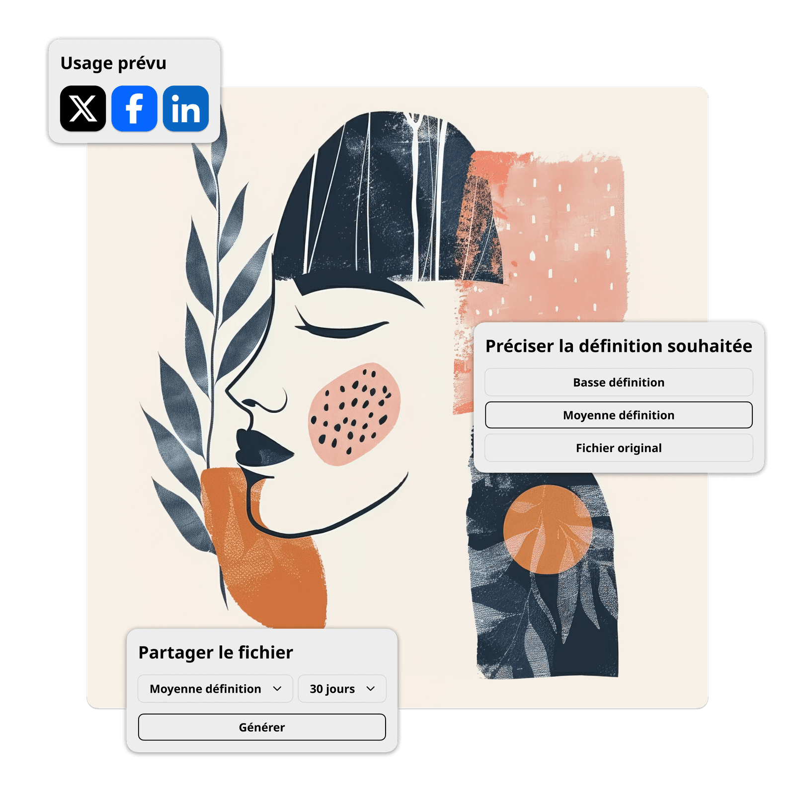 Illsutration d'une femme souriante sur fond coloré illustrant les fonctionnalités du plugin Ephoto Dam pour Illustrator : gestion, partage et définition des fichiers multimédias.
