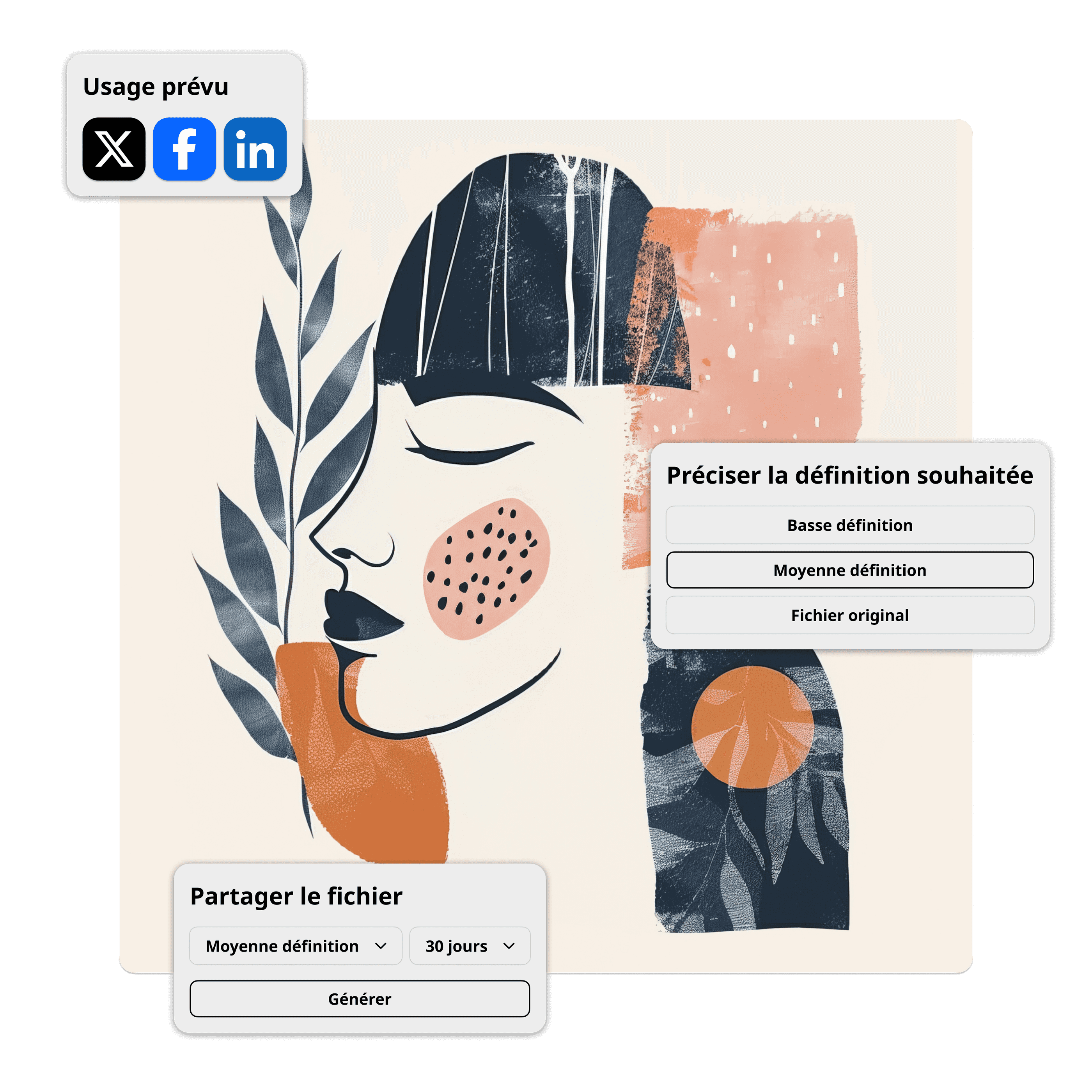 Illsutration d'une femme souriante sur fond coloré illustrant les fonctionnalités du plugin Ephoto Dam pour Illustrator : gestion, partage et définition des fichiers multimédias.