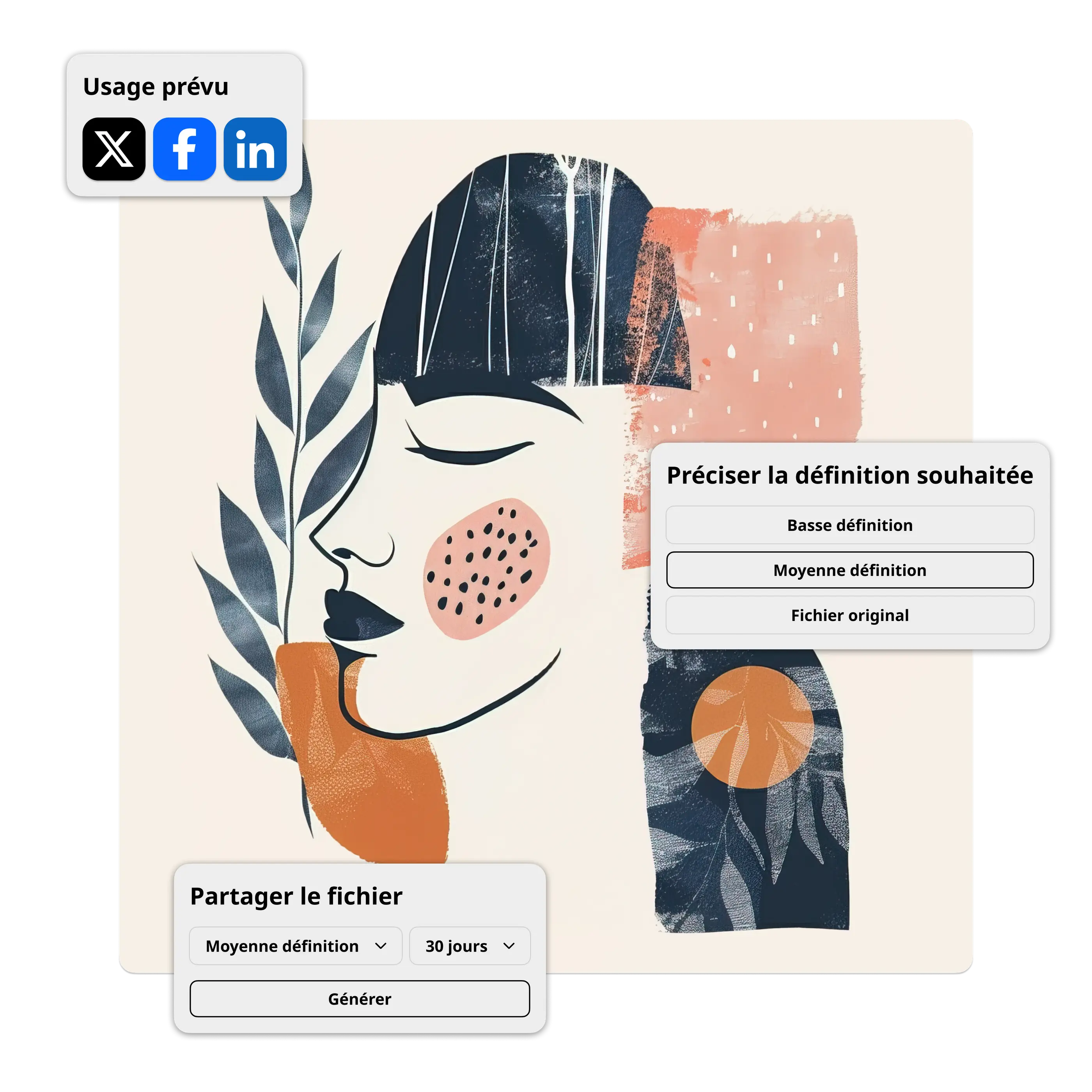 Illsutration d'une femme souriante sur fond coloré illustrant les fonctionnalités du plugin Ephoto Dam pour Illustrator : gestion, partage et définition des fichiers multimédias.
