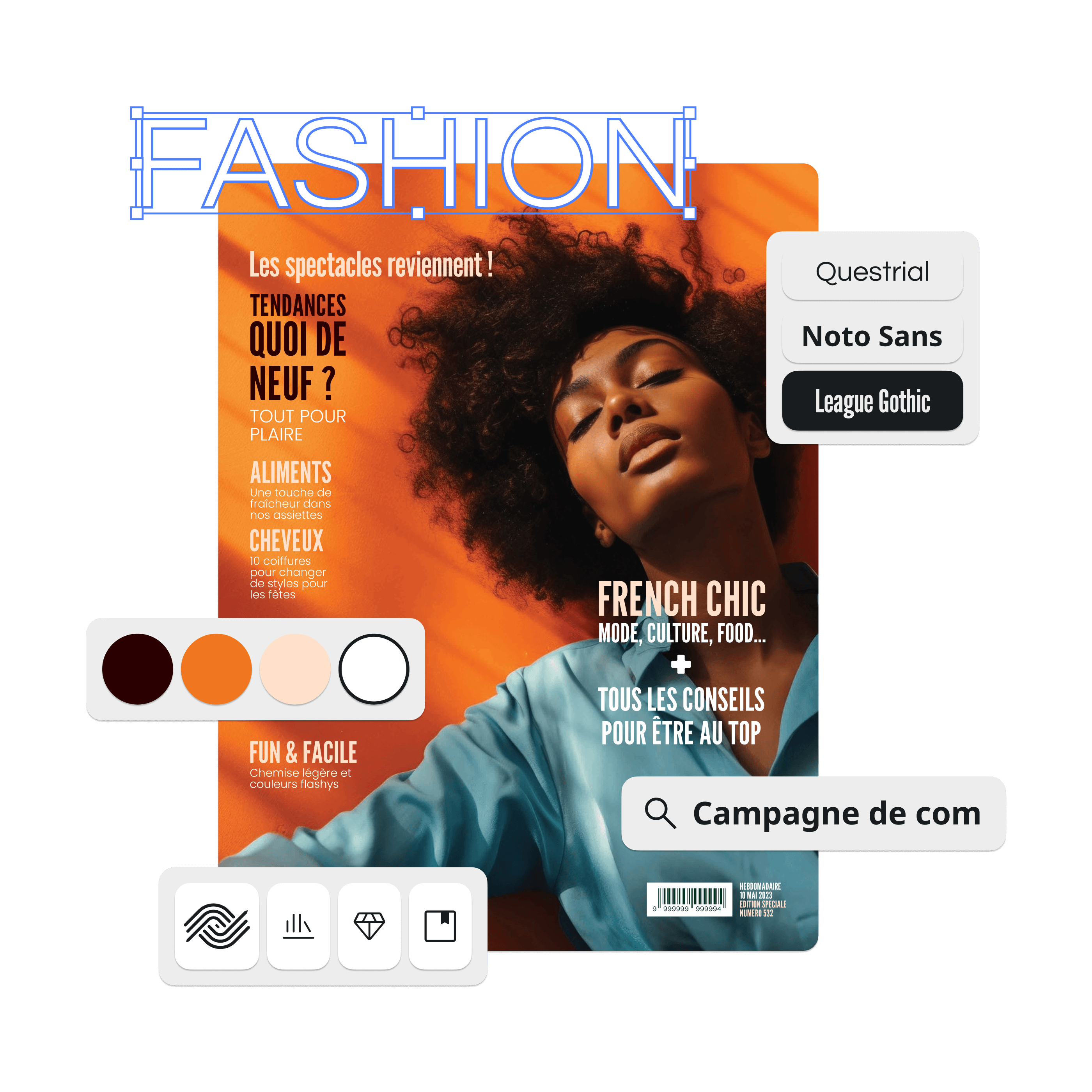 Interface du plugin Ephoto Dam pour InDesign, montrant la recherche de médias, la sélection de polices et couleurs avec en fond un poster réalisé sur InDesign.