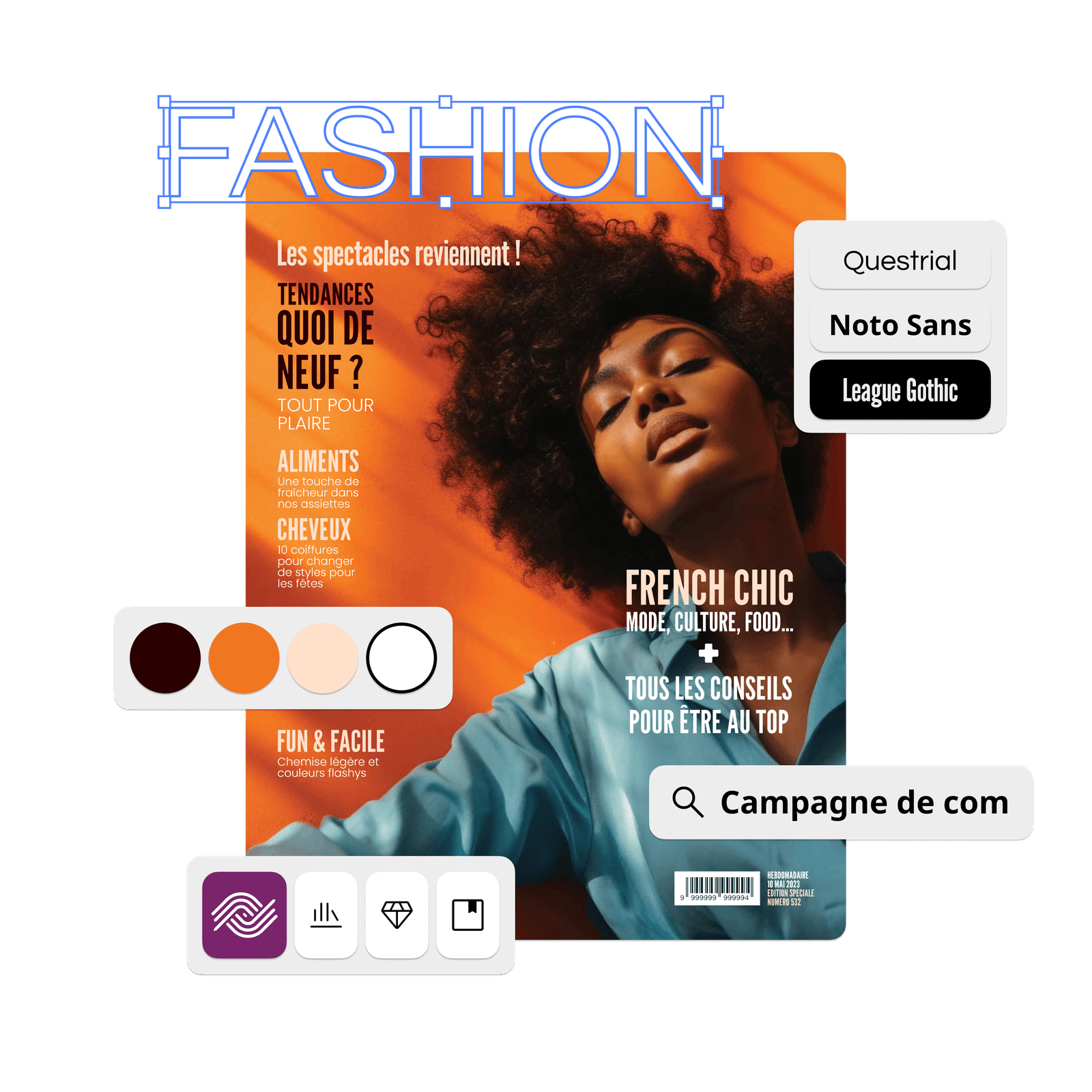Interface du plugin Ephoto Dam pour InDesign, montrant la recherche de médias, la sélection de polices et couleurs avec en fond un poster réalisé sur InDesign.