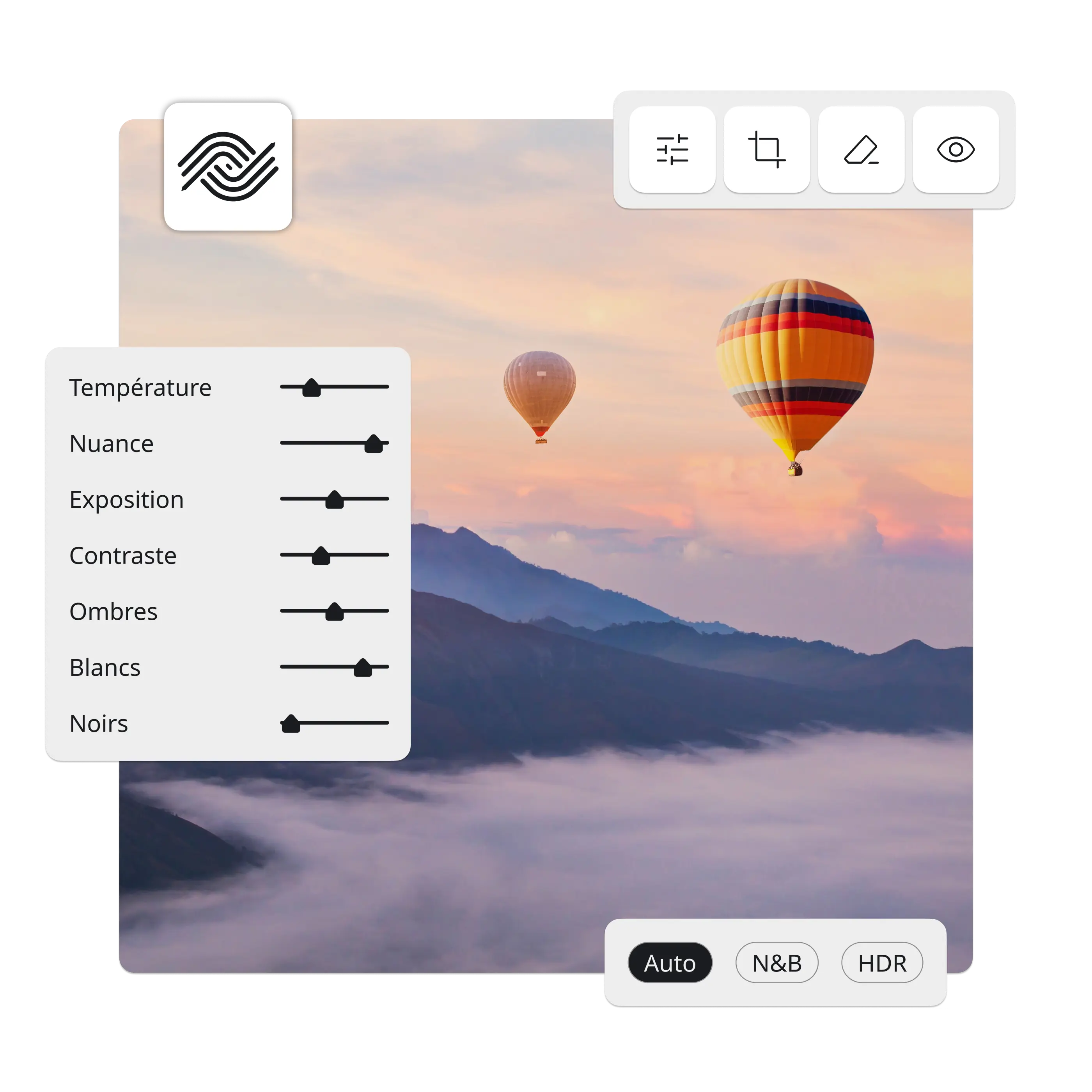 Image de mongolfières avec l'interface Ephoto Dam affichant les paramètres de Lightroom, illustrant l'intégration du plugin Ephoto Dam pour une gestion de photothèque avancée.