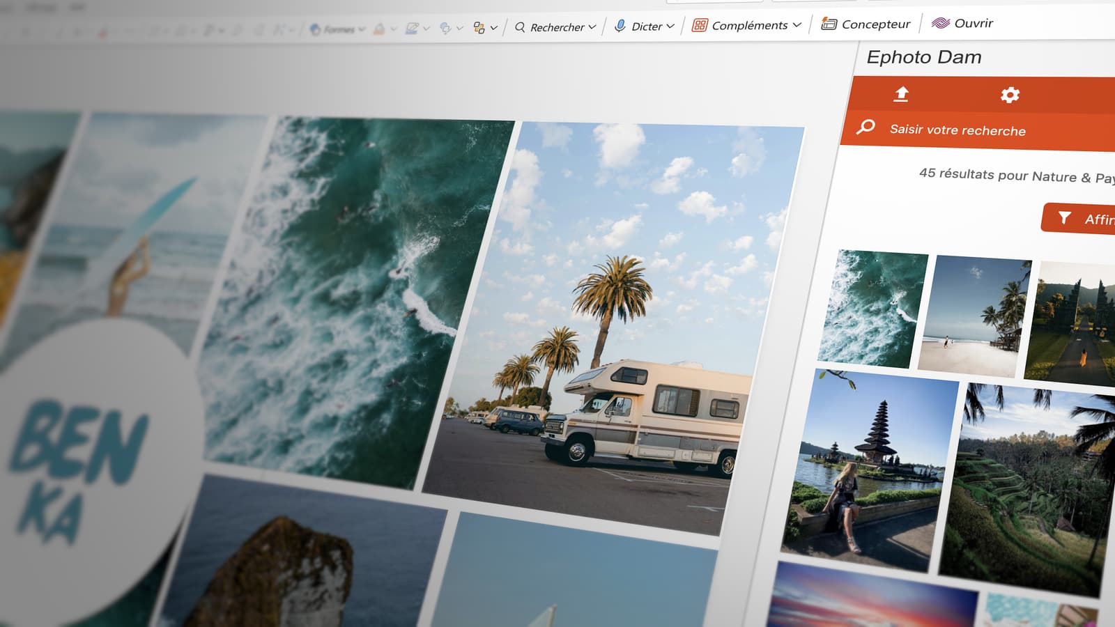 Interface de Power Point sur la version en ligne de Microsoft Office 365 qui montre un diaporama et le plugin Ephoto Dam.