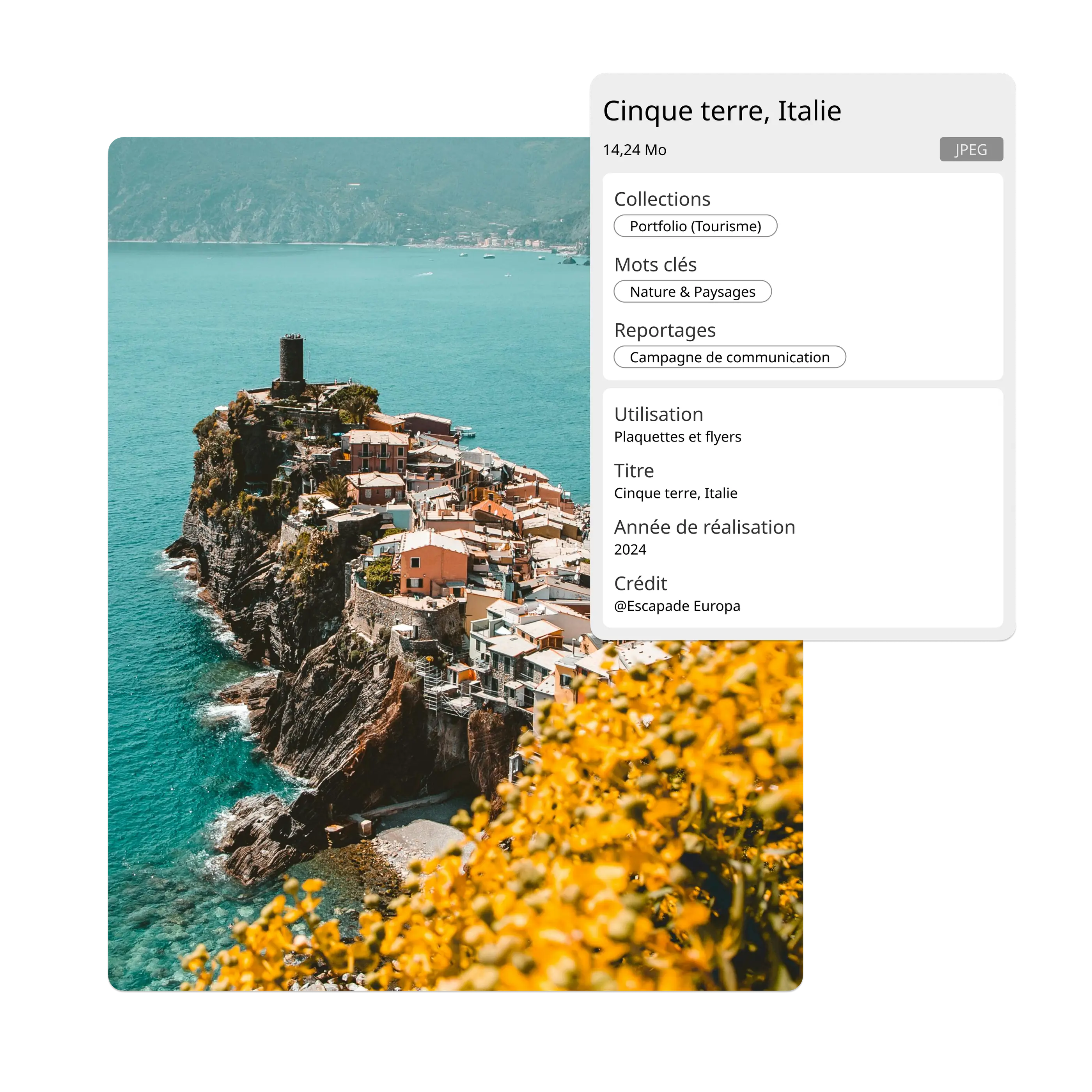 Interface du plugin Ephoto pour Photoshop sur une image de village au bord du lac, montrant des informations d'image dans un logiciel DAM performant.