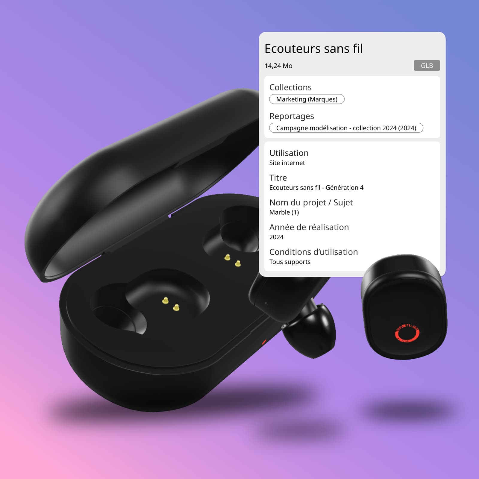 Modèle 3D d'écouteurs sans fil avec des données Ephoto Dam superposées, illustrant la gestion avancée des médias numériques via la solution photothèque Ephoto Dam.