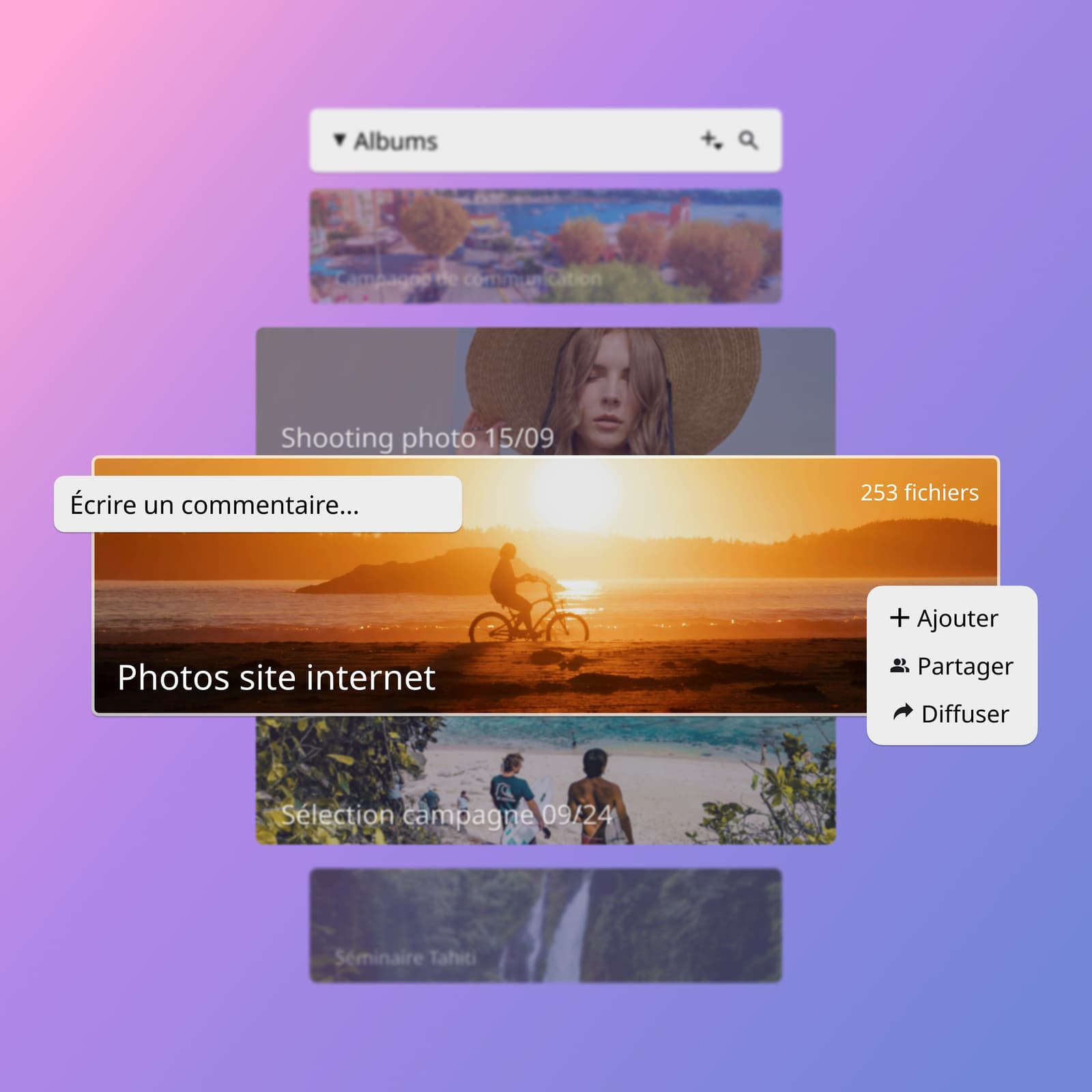 Création intuitive d'albums médias dans Ephoto Dam, solution performante de gestion des actifs numériques pour entreprises et professionnels.