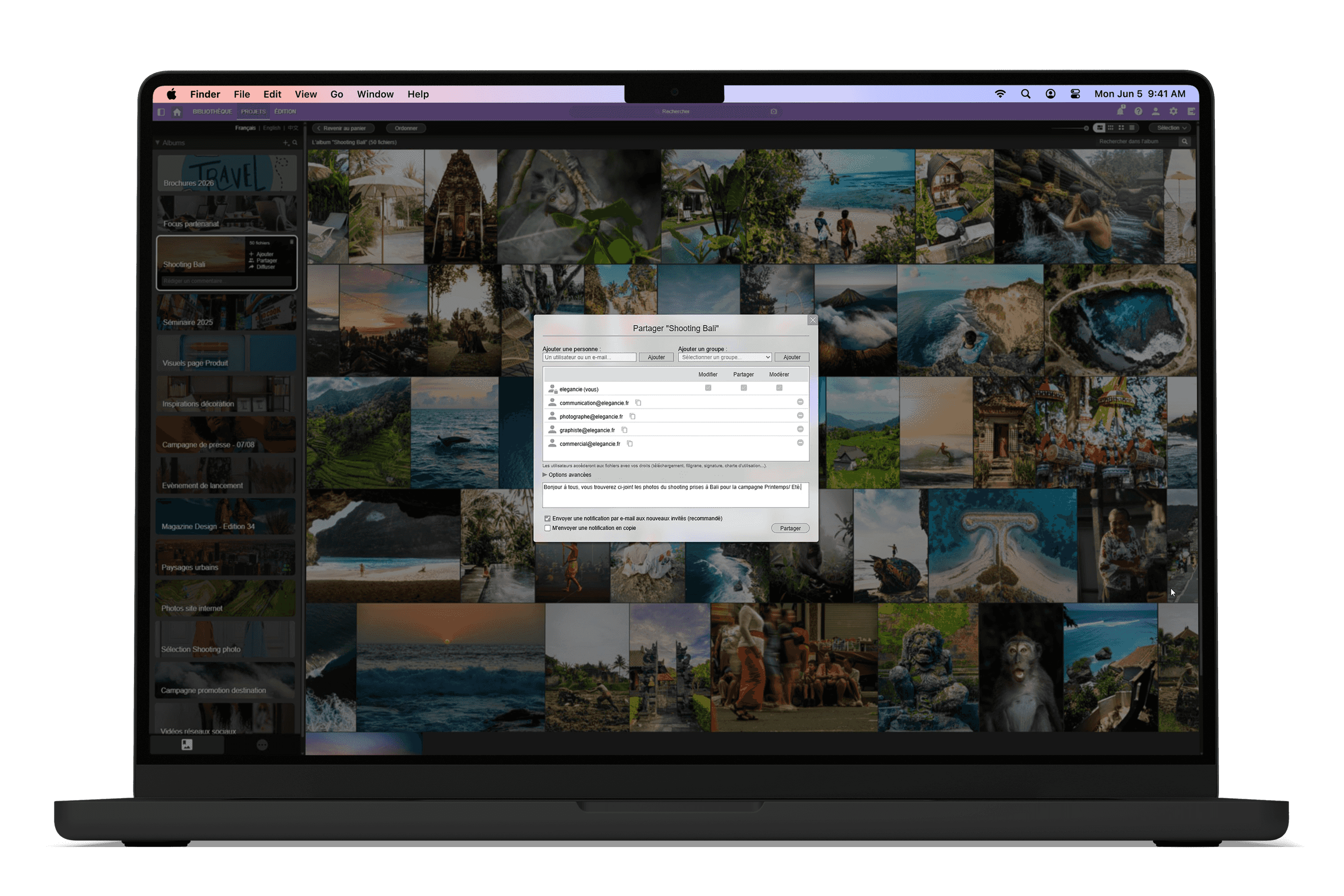 MacBook Pro affichant Ephoto Dam avec fonctionnalité de partage de médias.