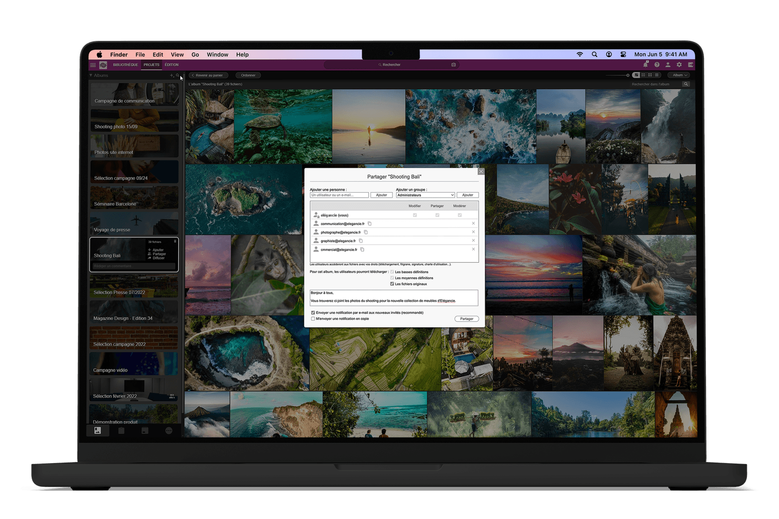 MacBook Pro affichant Ephoto Dam avec fonctionnalité de partage de médias.