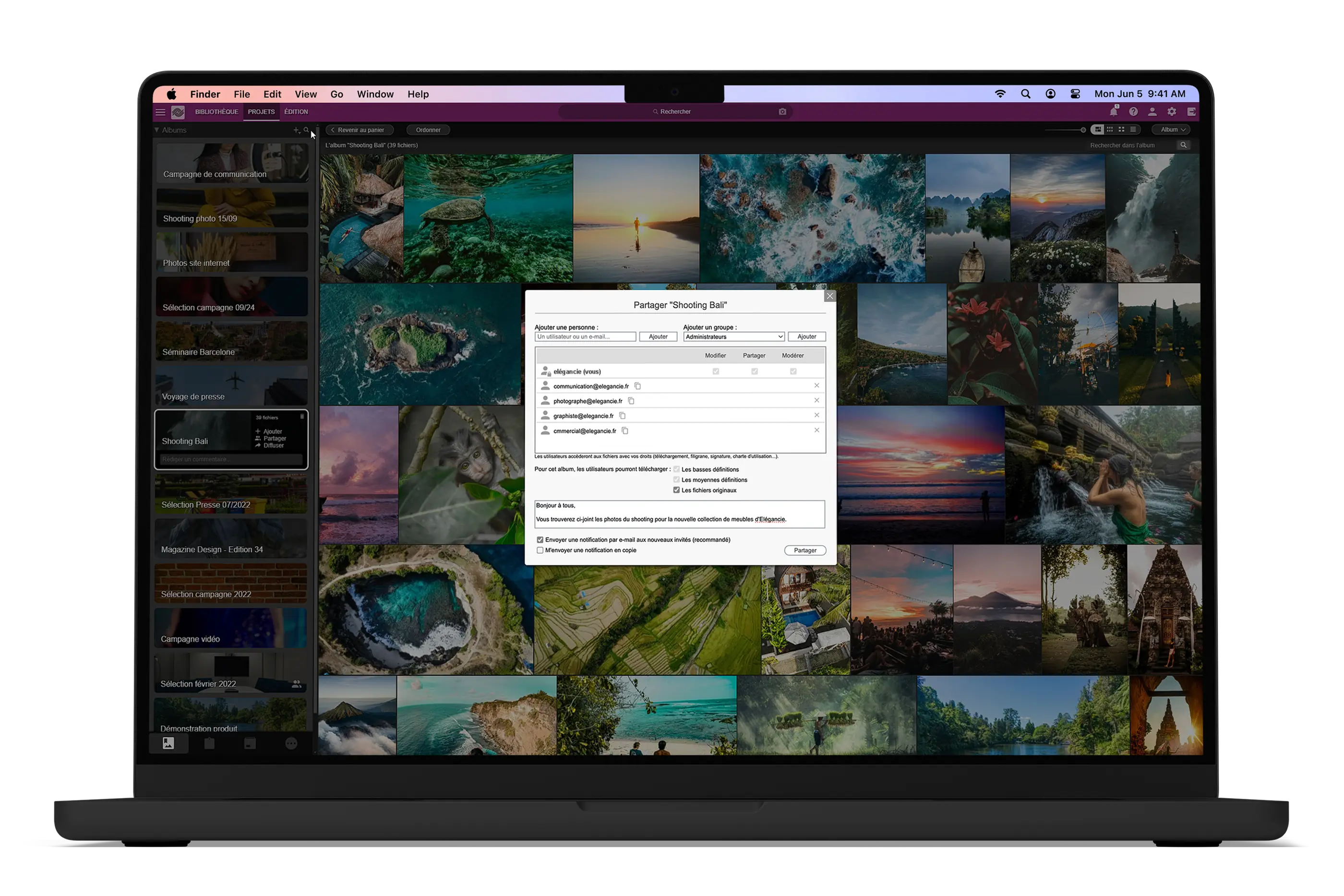 MacBook Pro affichant Ephoto Dam avec fonctionnalité de partage de médias.