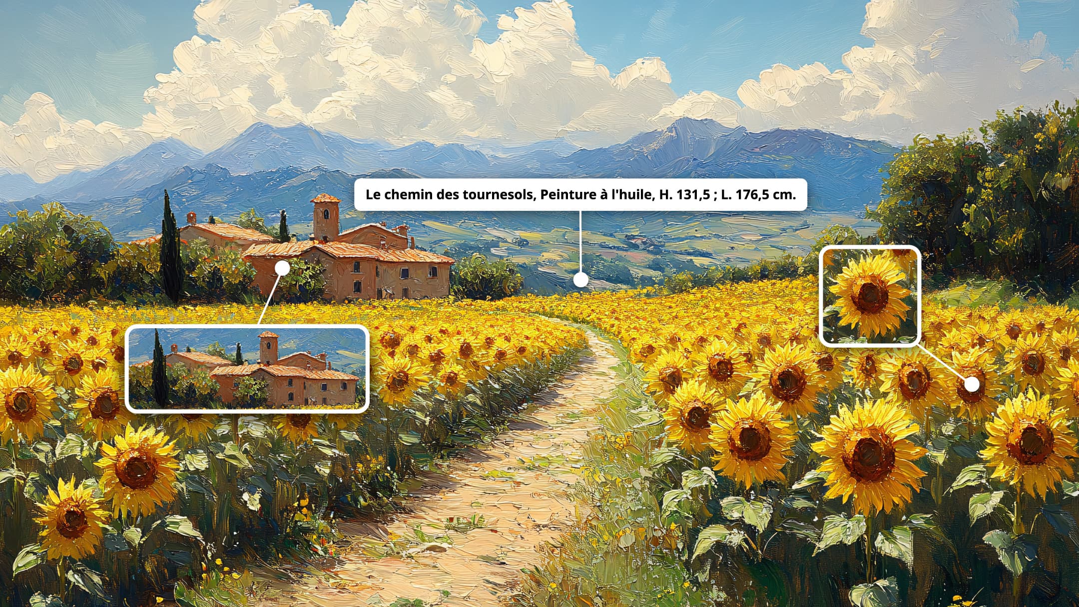 Exemple d’image haute résolution avec zoom sur des détails d’une peinture de paysage aux tournesols, illustrant le protocole IIIF.