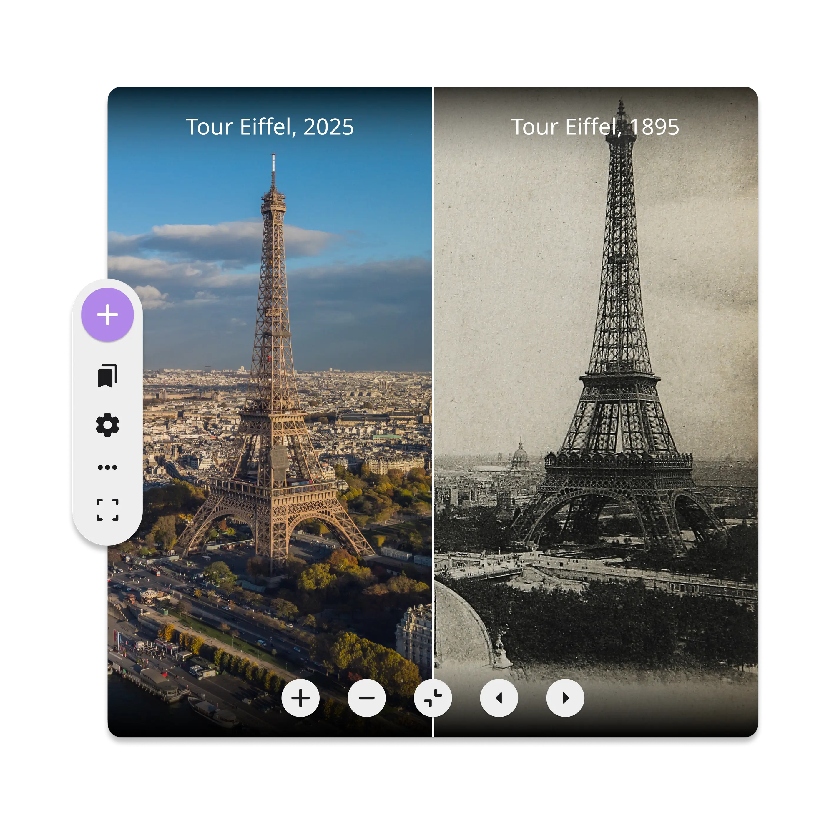 Comparaison interactive d’images de la Tour Eiffel en 1895 et en 2025, démontrant les fonctionnalités du protocole IIIF.
