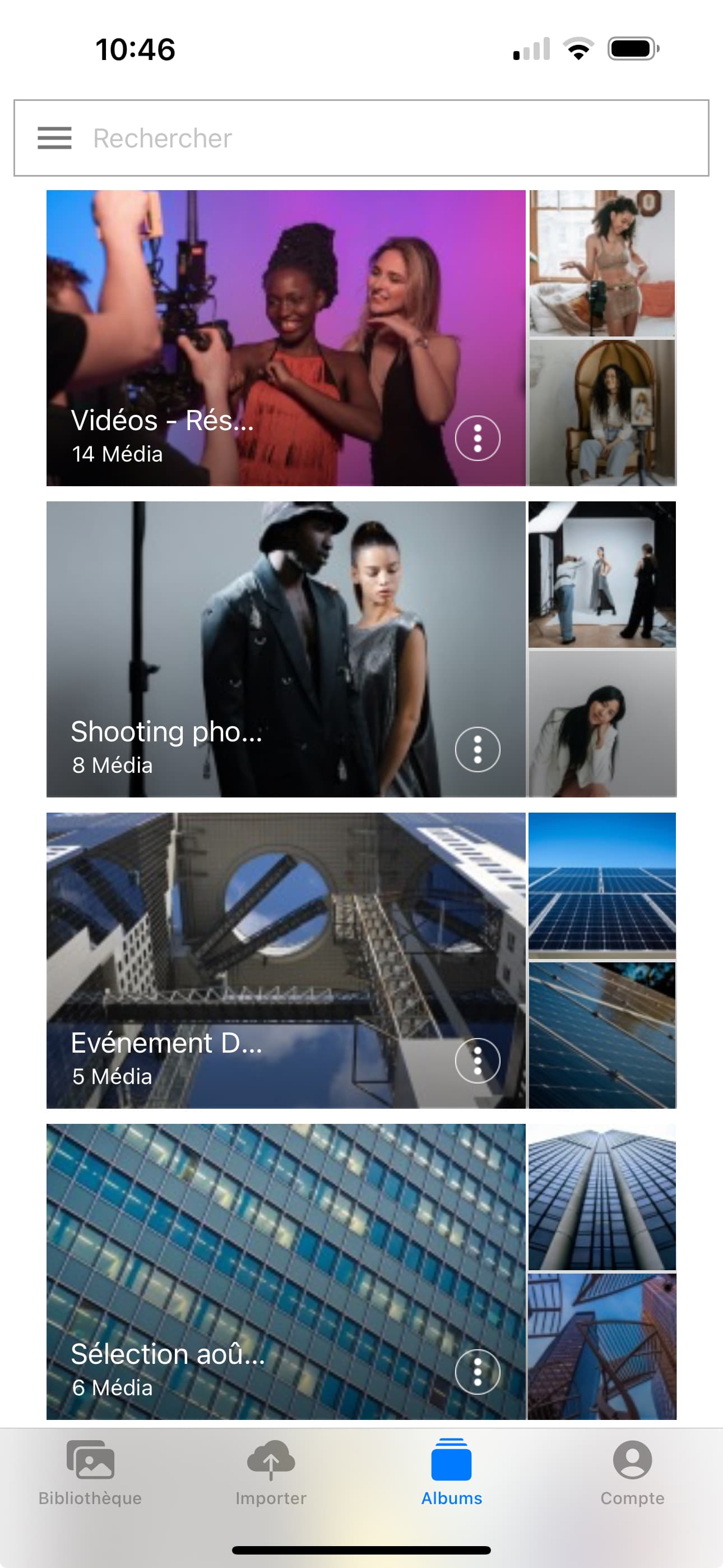 Interface de l'application Ephoto Dam sur iOS montrant la fonctionnalité des albums.