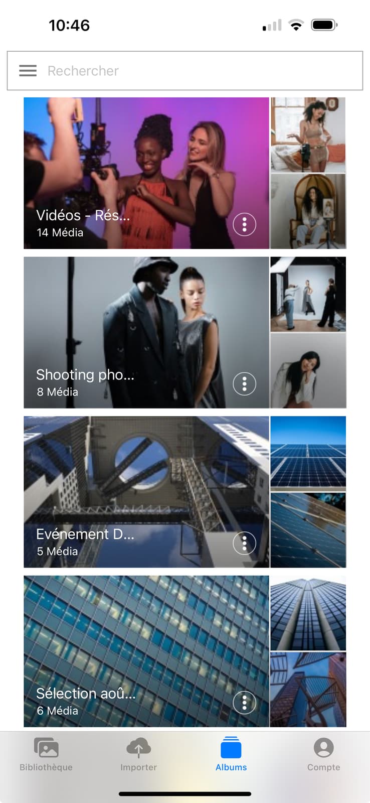 Interface de l'application Ephoto Dam sur iOS montrant la fonctionnalité des albums.