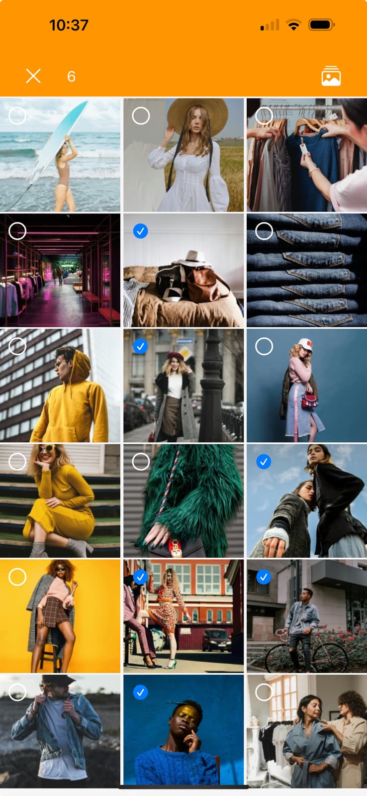 Interface de l'application Ephoto Dam sur iOS montrant la sélection de plusieurs images.