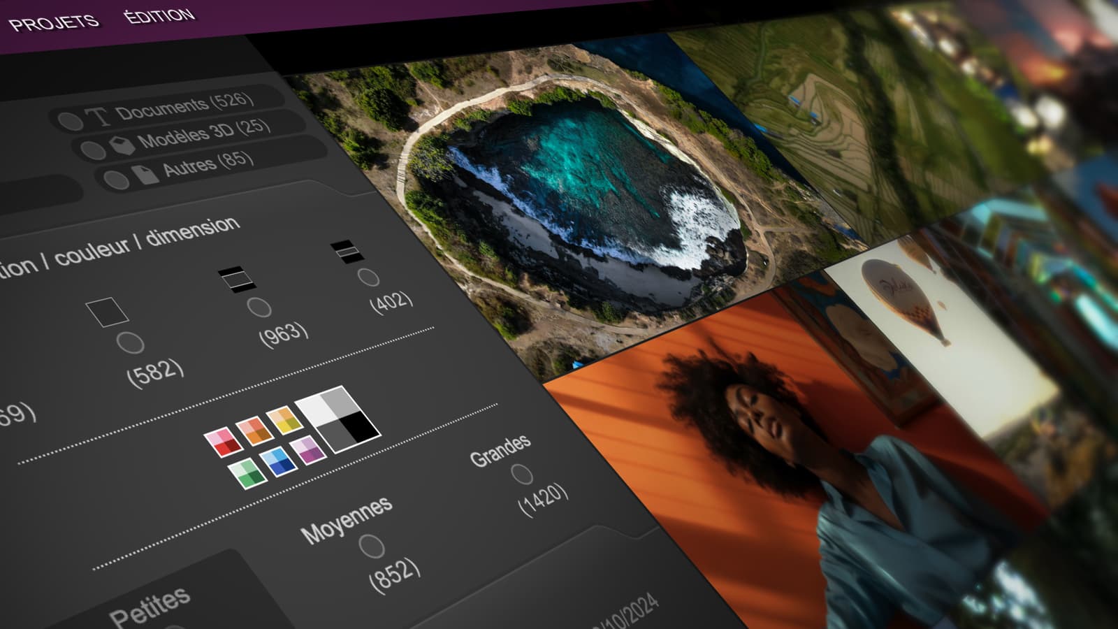 Interface du logiciel photothèque Ephoto Dam en perspective qui montre la vue détaillé d'un média et les paramètres avancées.